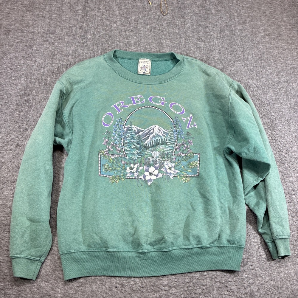 Alore Oregon Sweatshirt Women Large Green Vintage Graphic Fleece Crewneck